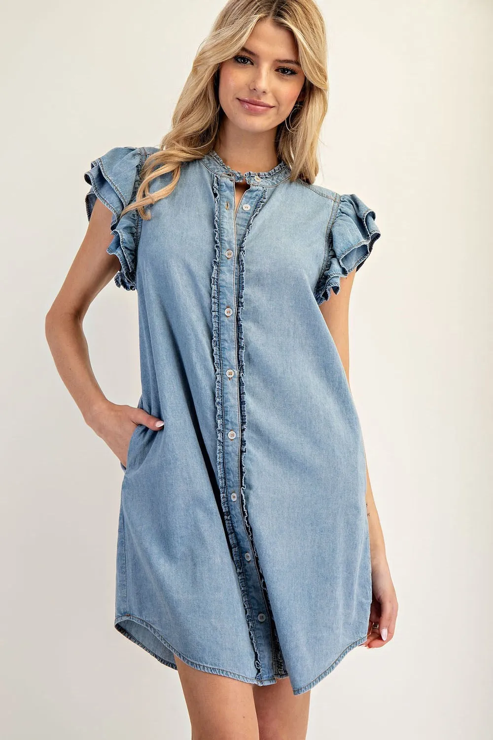 ee:some Chambray Button Down Ruffle Sleeve Mini Dress