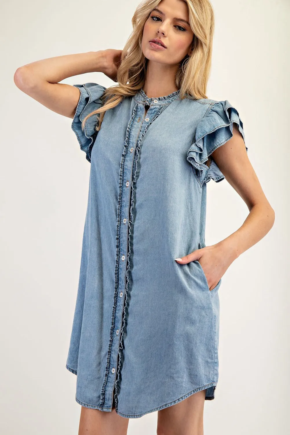 ee:some Chambray Button Down Ruffle Sleeve Mini Dress