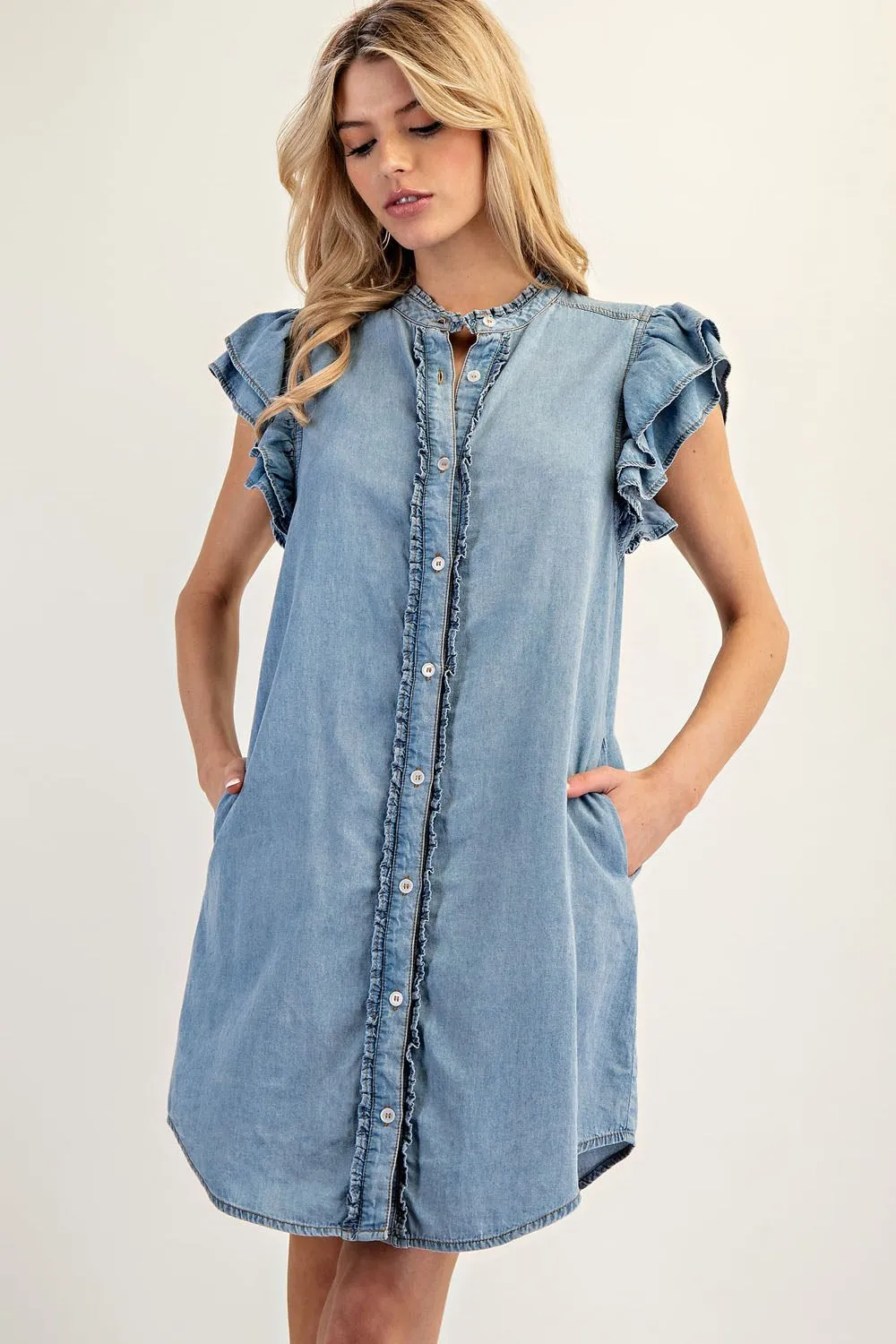 ee:some Chambray Button Down Ruffle Sleeve Mini Dress