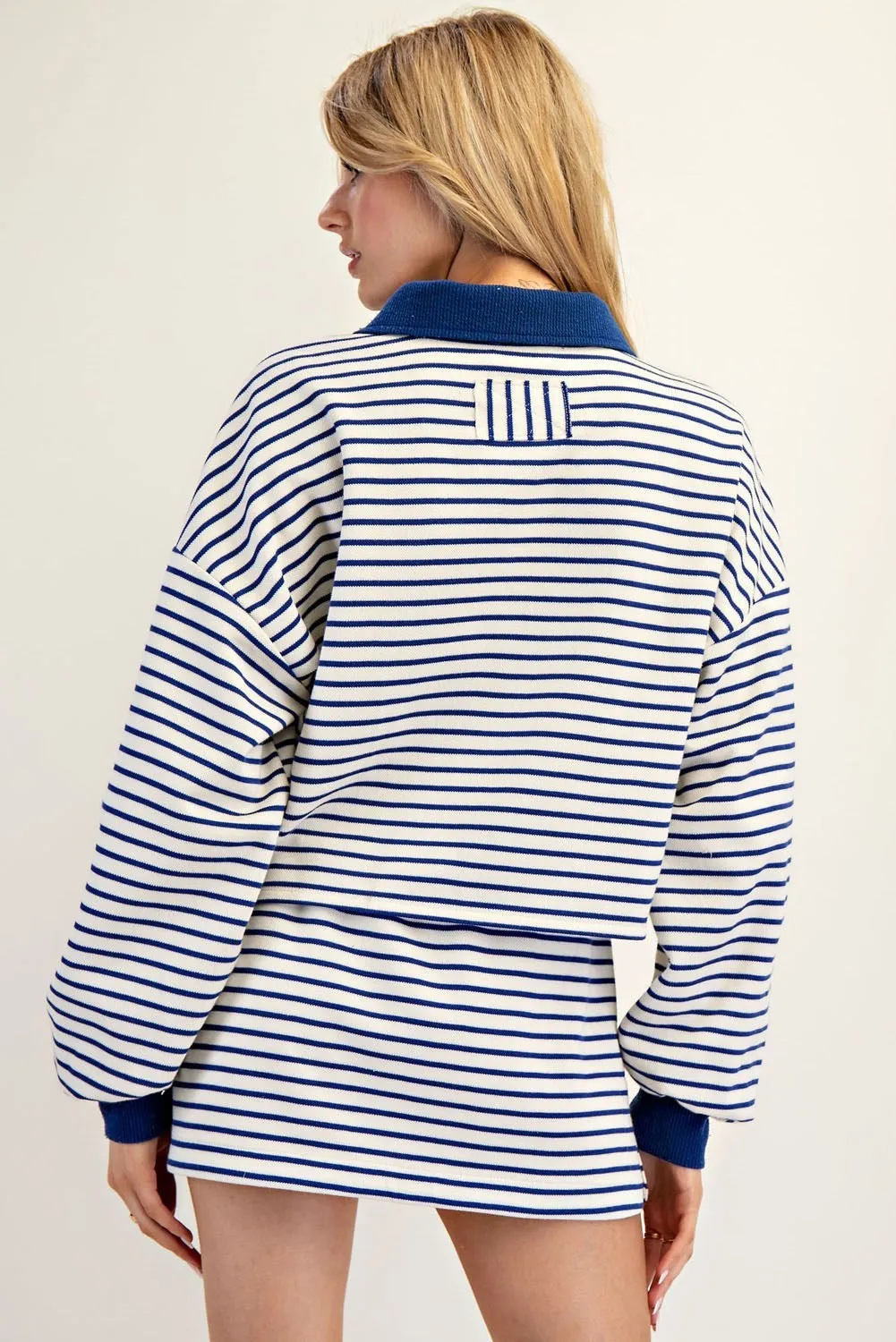 ee:some Striped Cropped Collared Knit Sweater - Royal Blue & White