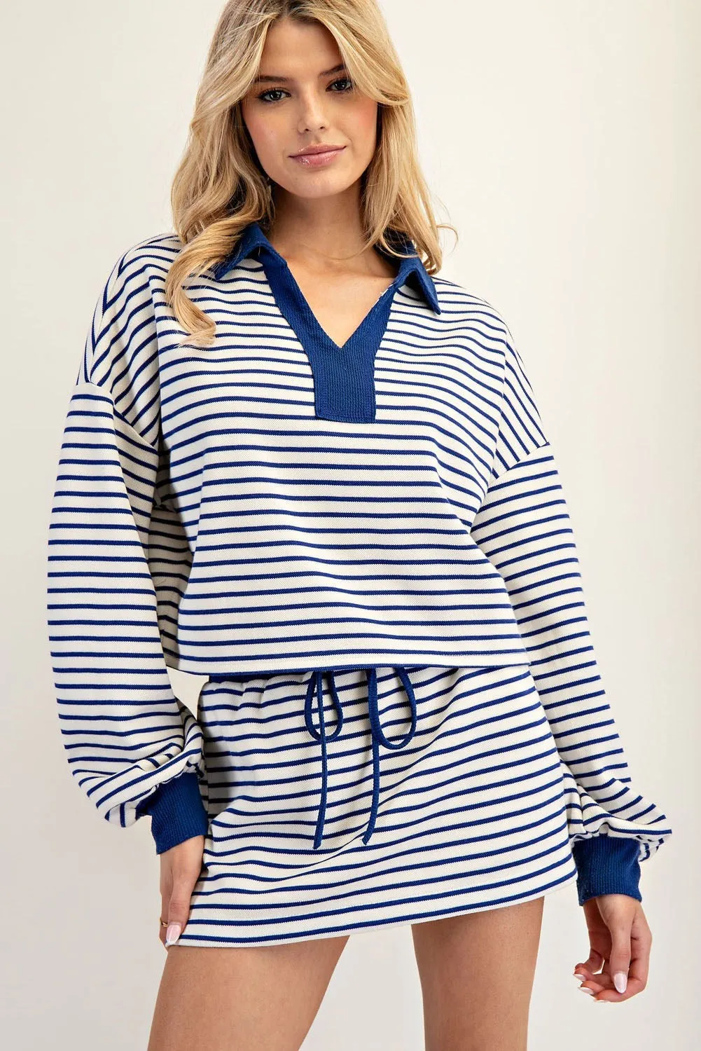 ee:some Striped Cropped Collared Knit Sweater - Royal Blue & White