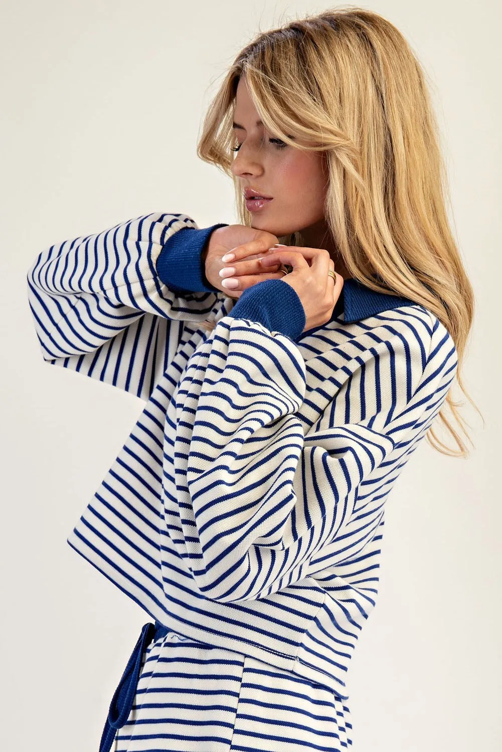 ee:some Striped Cropped Collared Knit Sweater - Royal Blue & White