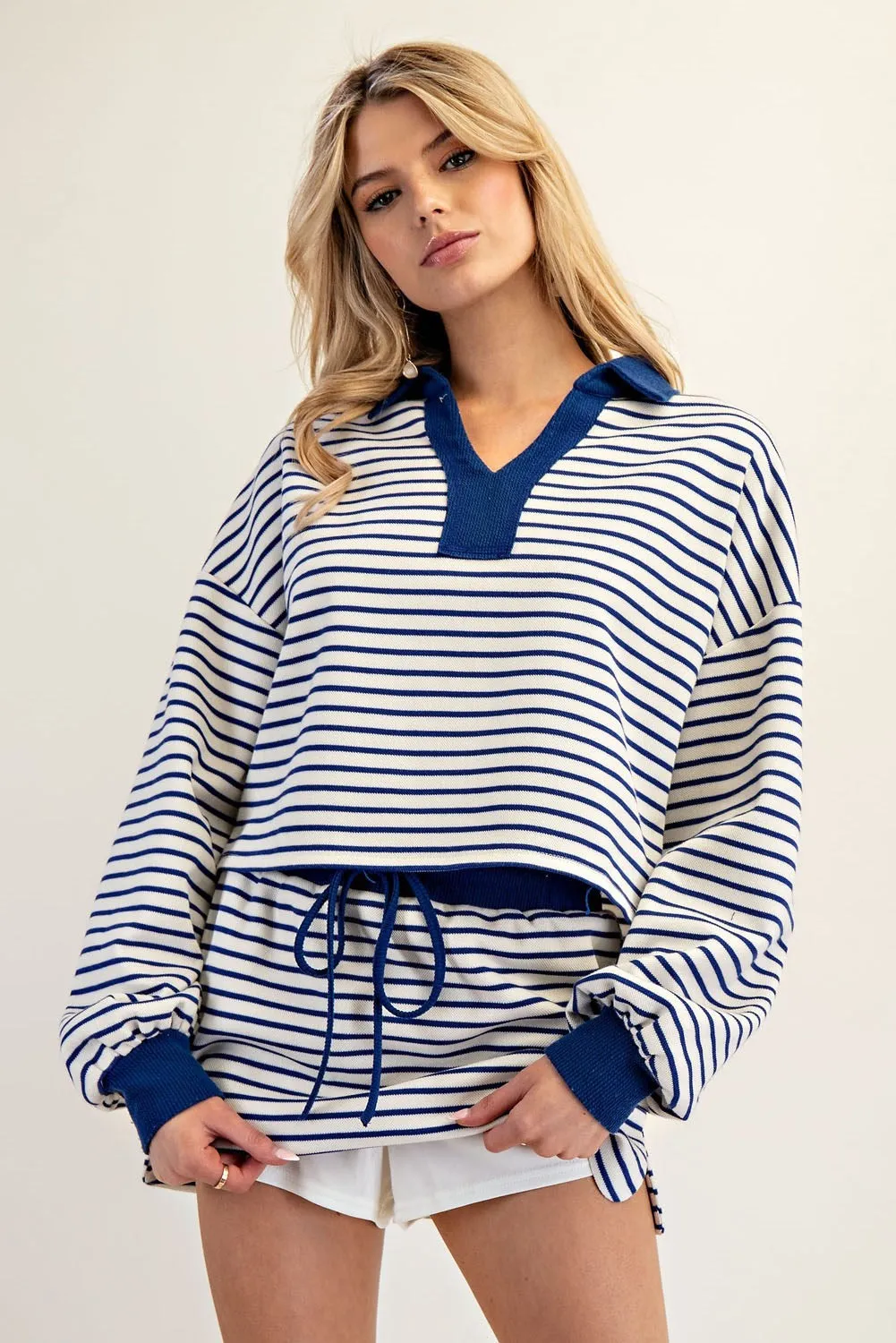 ee:some Striped Cropped Collared Knit Sweater - Royal Blue & White