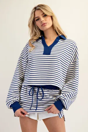 ee:some Striped Cropped Collared Knit Sweater - Royal Blue & White