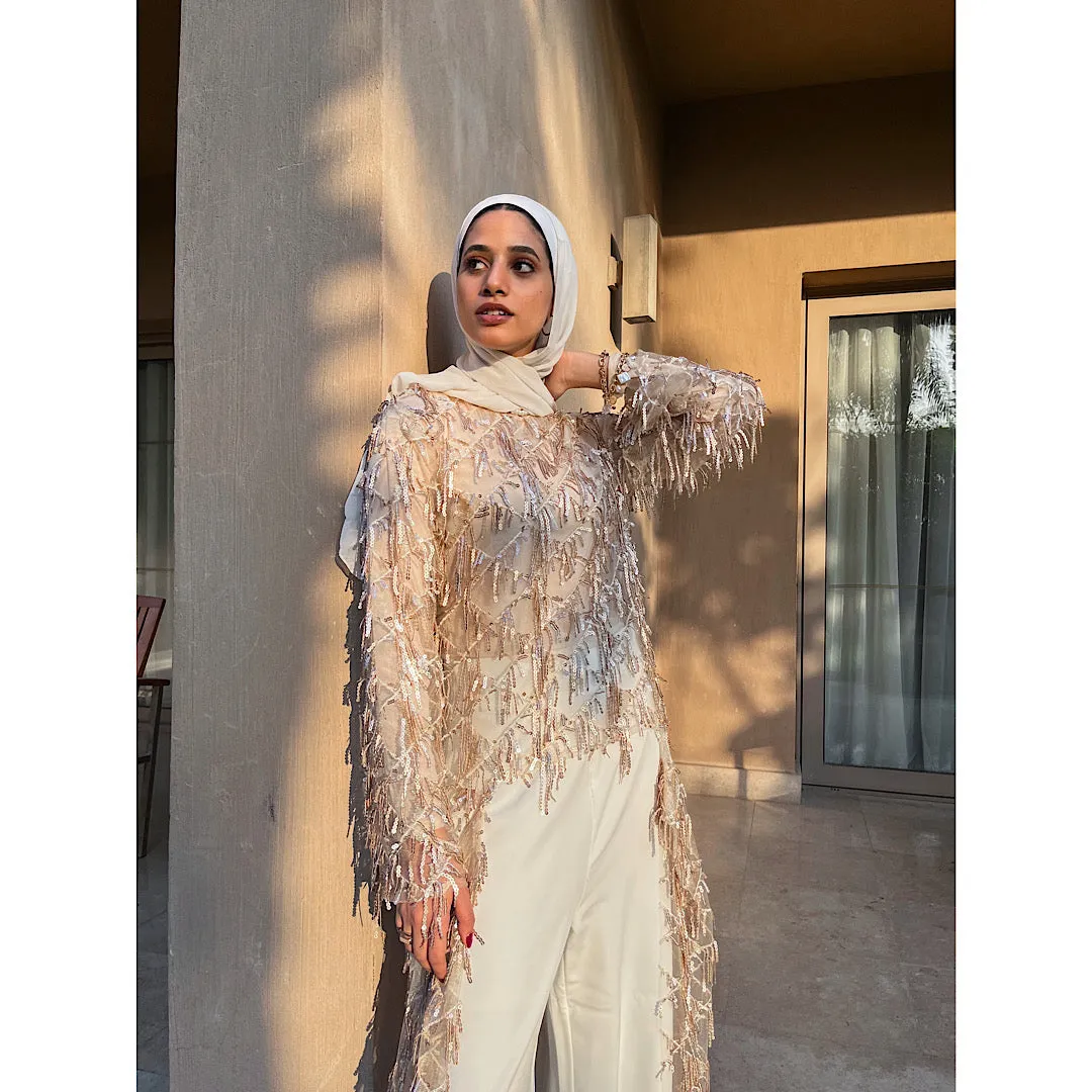 Embroidered tulle high low blouse