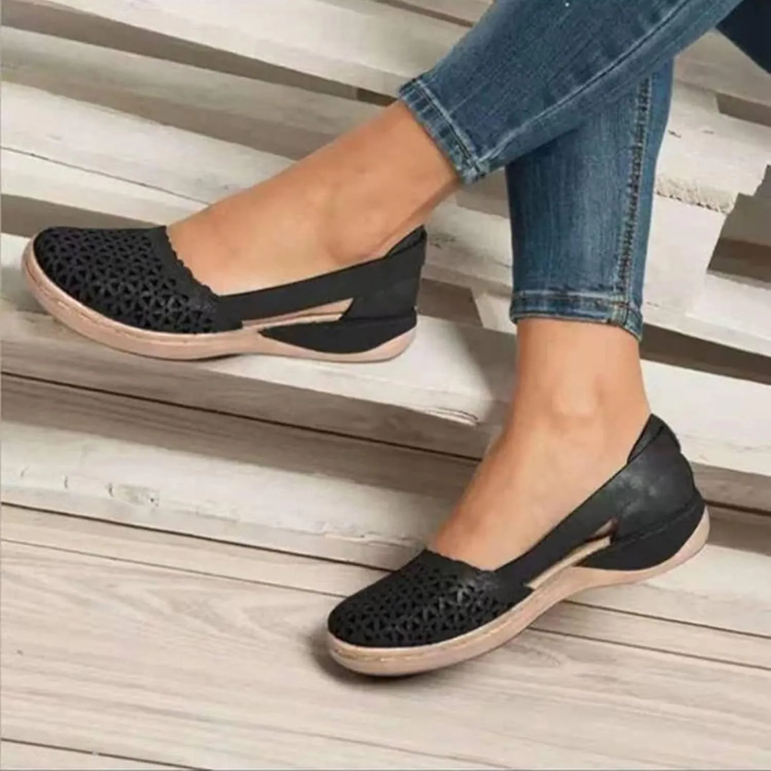 EMRELOD Women's Wedges Orthopedic Casual Beach Shoes Closed Toe Round Toe Hollowed Out Thick Sole Breathable Beach Thick-Soled House Sandals for Women Wide (Black, 9)