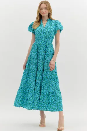 Entro Blue & Green Floral Cotton Tiered Midi Dress