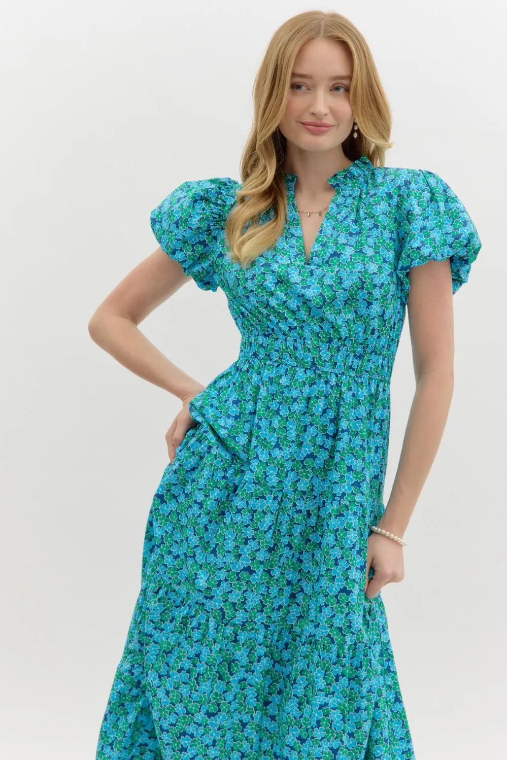 Entro Blue & Green Floral Cotton Tiered Midi Dress