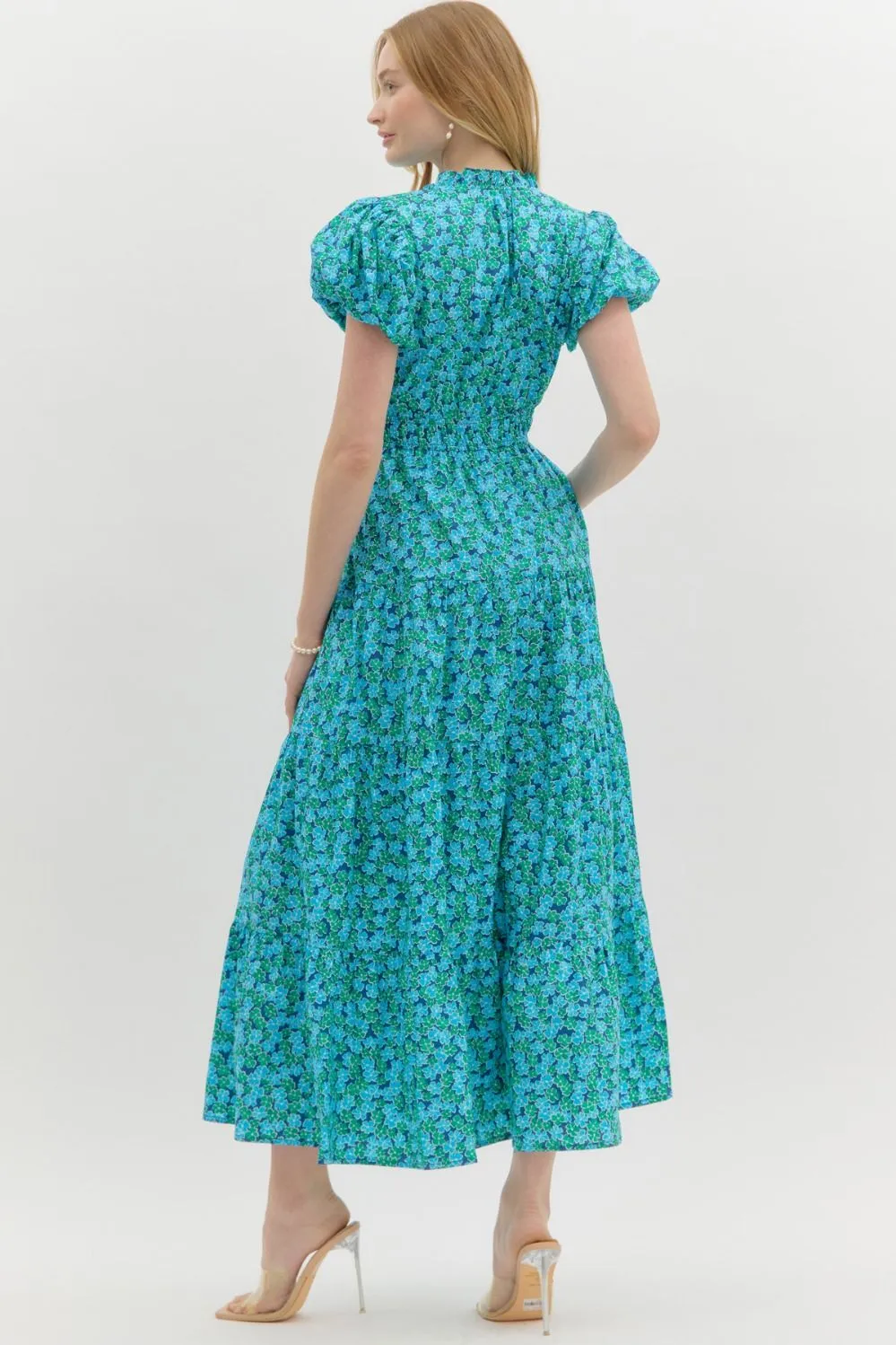 Entro Blue & Green Floral Cotton Tiered Midi Dress