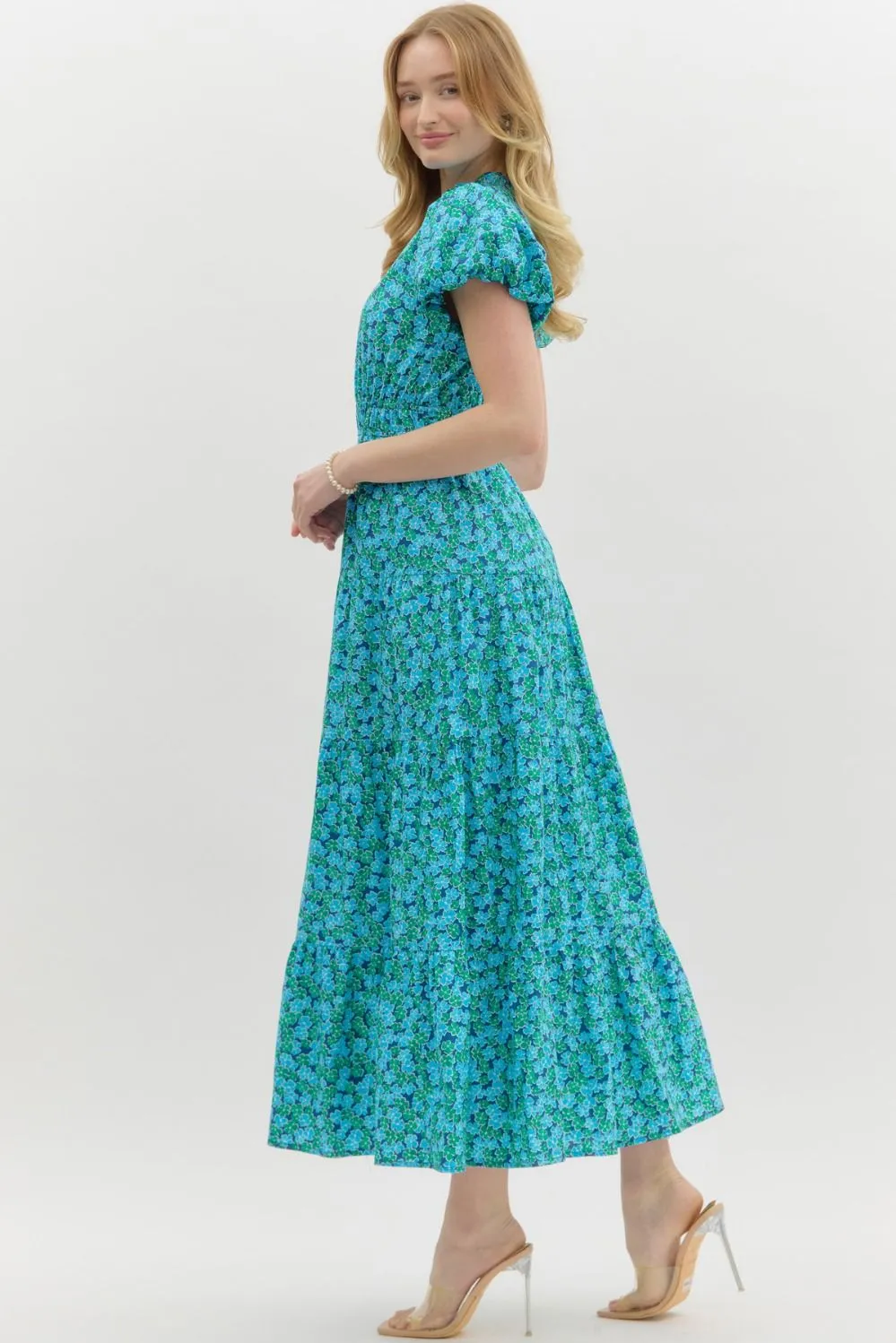Entro Blue & Green Floral Cotton Tiered Midi Dress