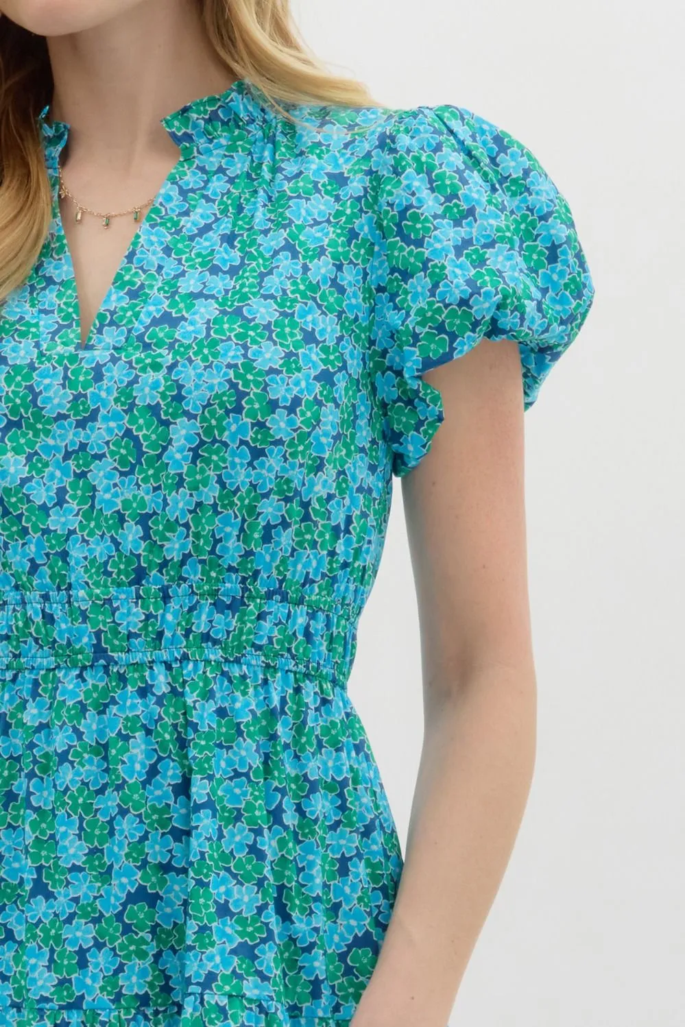 Entro Blue & Green Floral Cotton Tiered Midi Dress