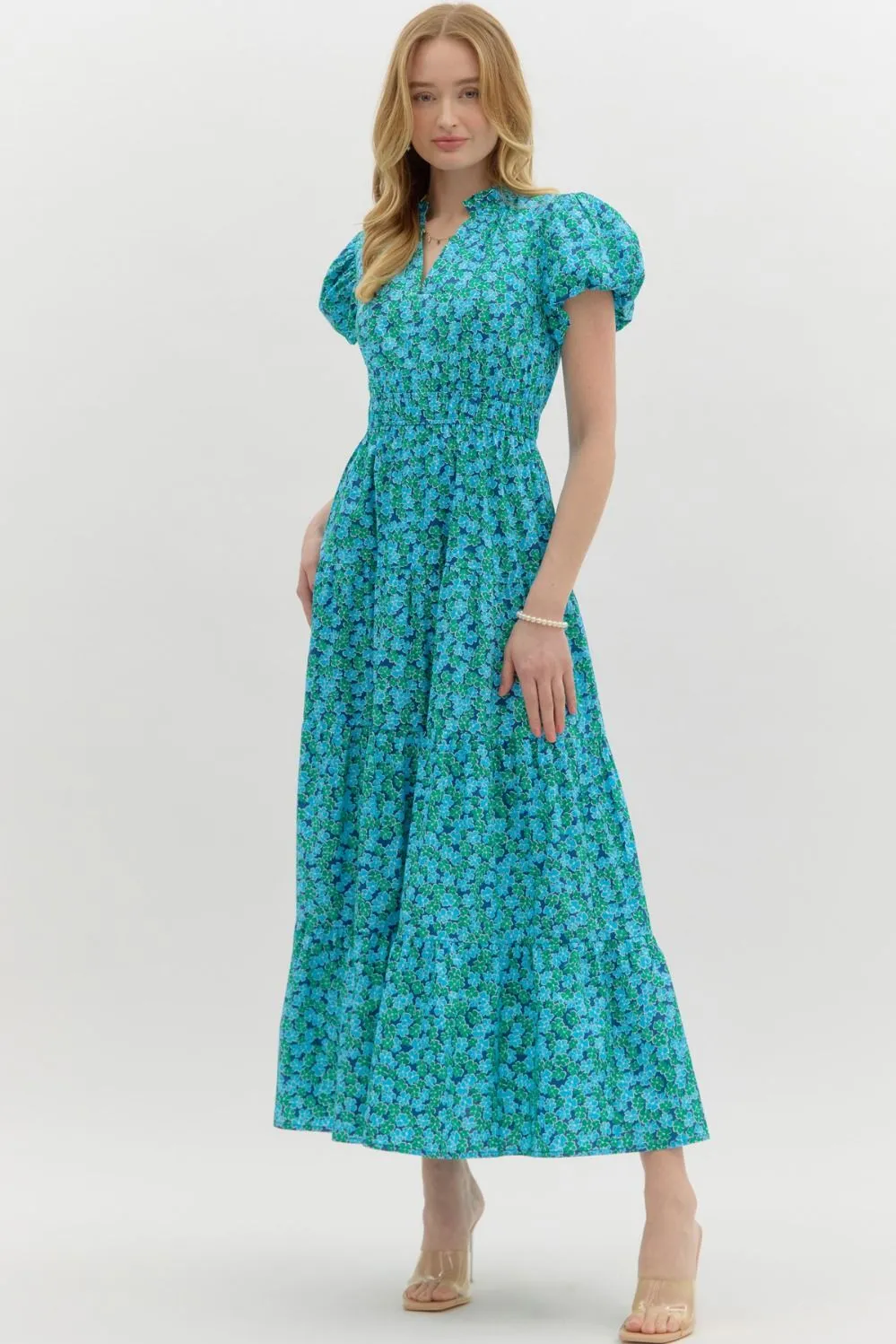 Entro Blue & Green Floral Cotton Tiered Midi Dress