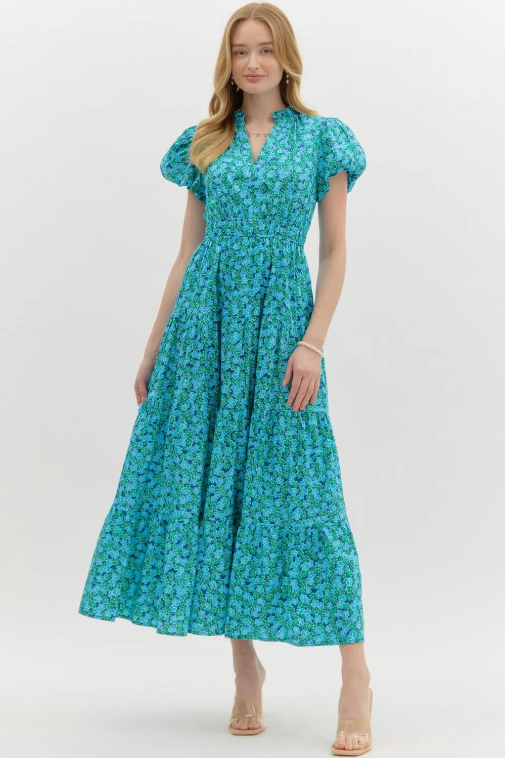 Entro Blue & Green Floral Cotton Tiered Midi Dress