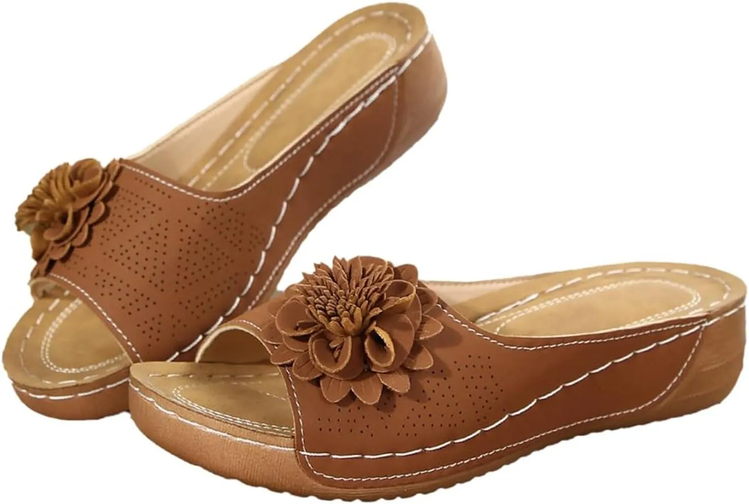 Flowers Orthopedic Sandals for Women 2025 Summer Dressy Fish Mouth Open Toe Leather Slippers Wedge Platform Sandals