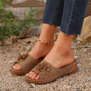 Flowers Orthopedic Sandals for Women 2025 Summer Dressy Fish Mouth Open Toe Leather Slippers Wedge Platform Sandals