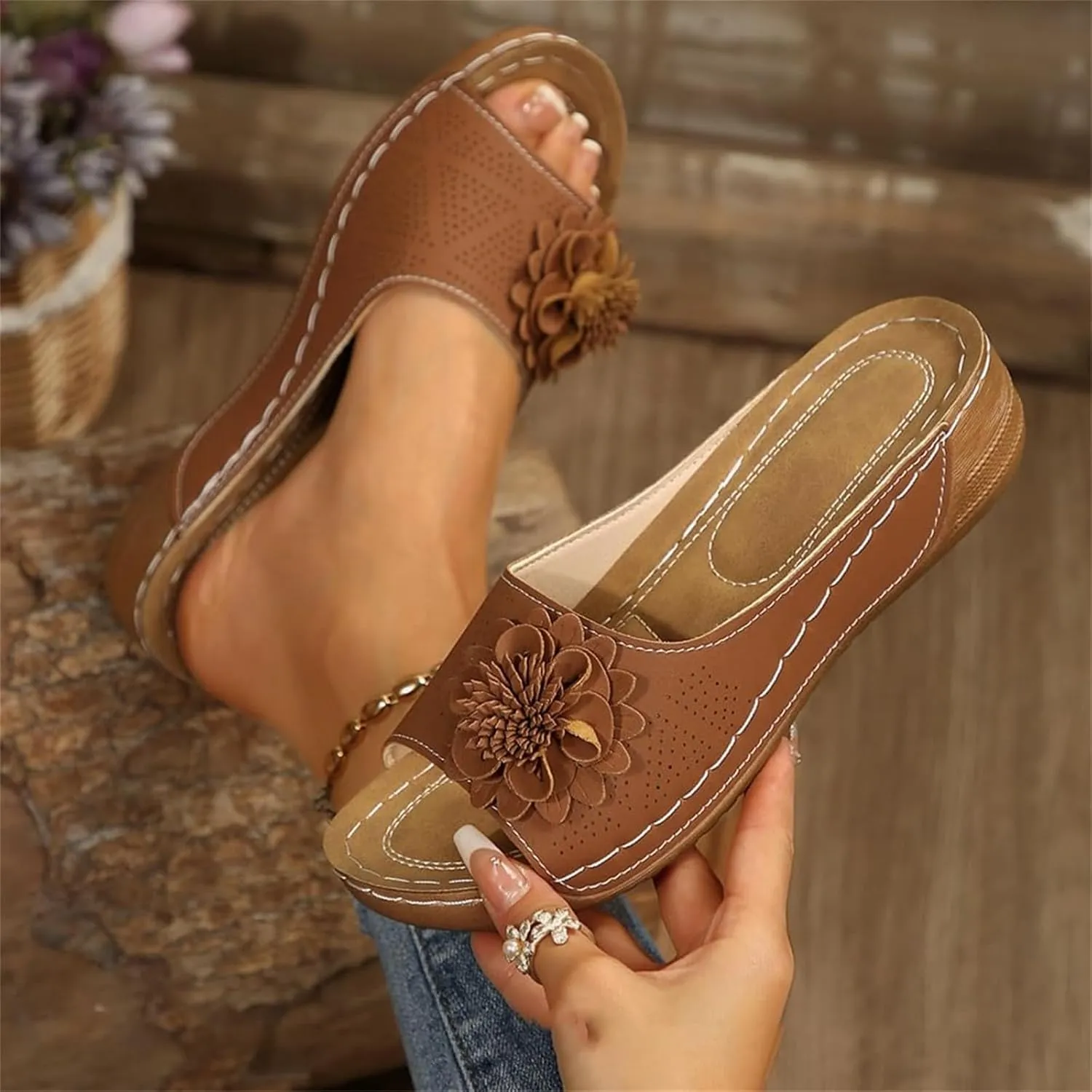 Flowers Orthopedic Sandals for Women 2025 Summer Dressy Fish Mouth Open Toe Leather Slippers Wedge Platform Sandals