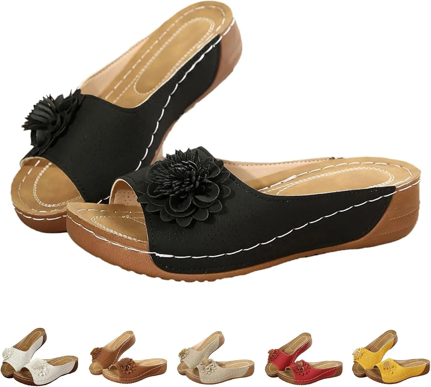 Flowers Orthopedic Sandals for Women 2025 Summer Dressy Fish Mouth Open Toe Leather Slippers Wedge Platform Sandals