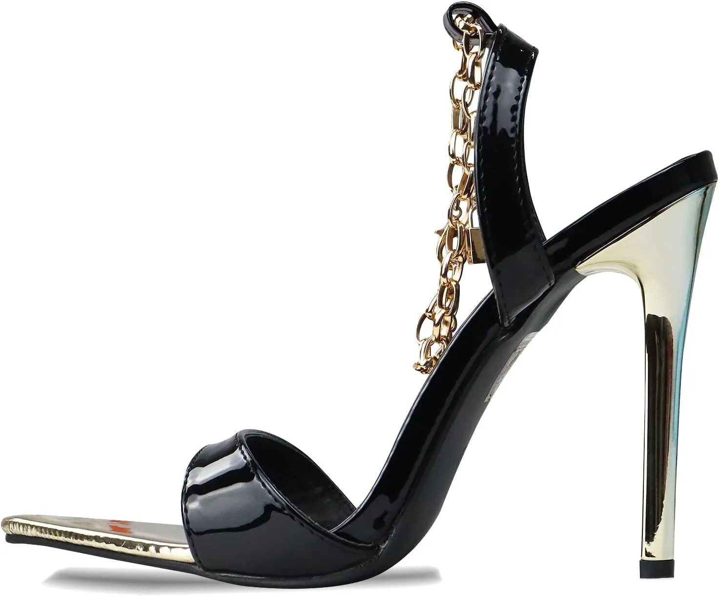 GATUXUS Women's Stiletto High Heels Sandals Pointed Toe Metal Chain Ankle Strap Dress Sandals Shoes