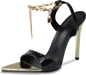 GATUXUS Women's Stiletto High Heels Sandals Pointed Toe Metal Chain Ankle Strap Dress Sandals Shoes