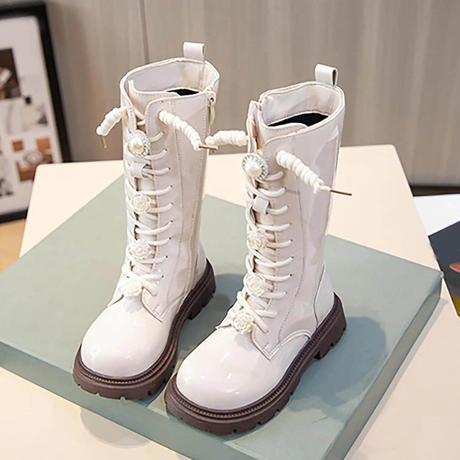 Girls Knee Length Boots Side Zipper Combat Riding Boots Lace-Up Chunky Low Heel Tall Winter Boots Dress Kids Shoes