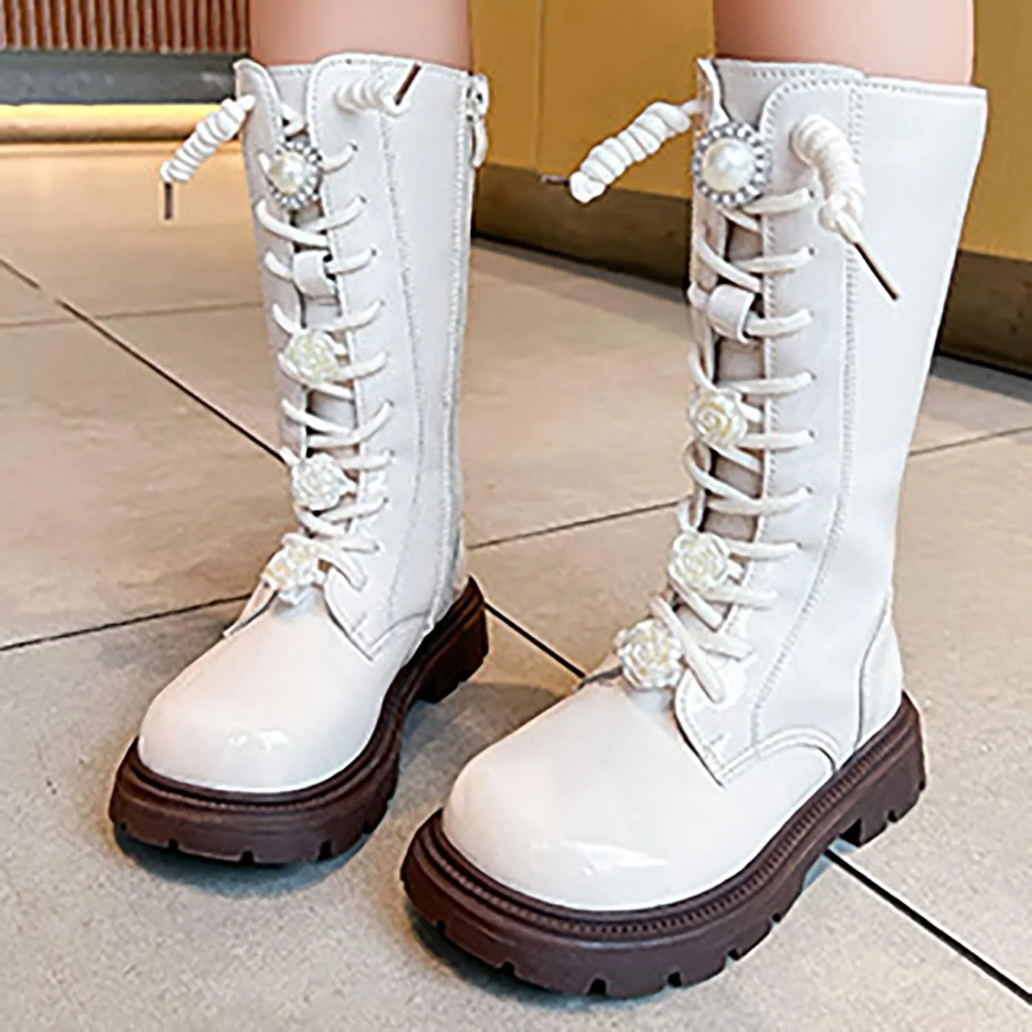 Girls Knee Length Boots Side Zipper Combat Riding Boots Lace-Up Chunky Low Heel Tall Winter Boots Dress Kids Shoes