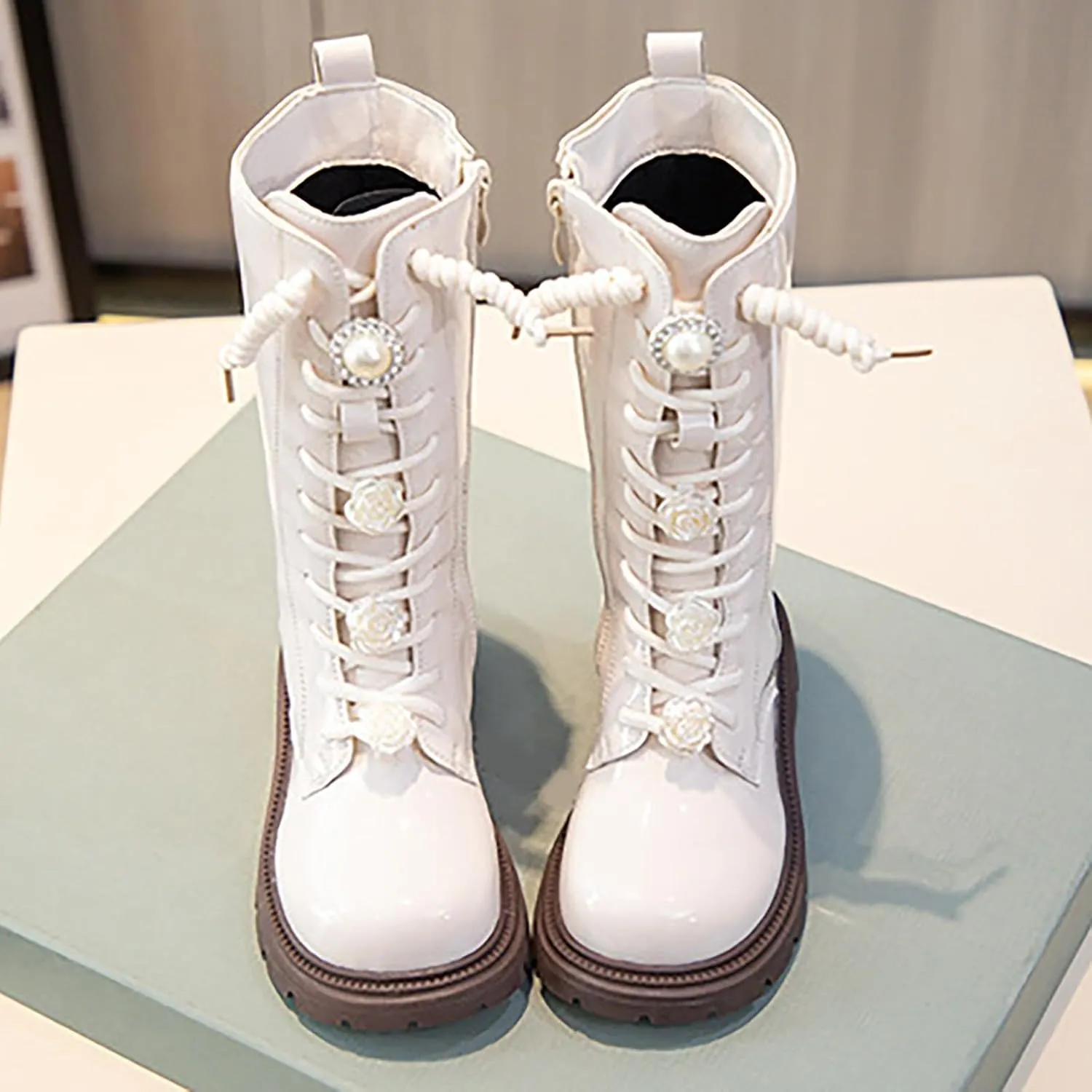 Girls Knee Length Boots Side Zipper Combat Riding Boots Lace-Up Chunky Low Heel Tall Winter Boots Dress Kids Shoes