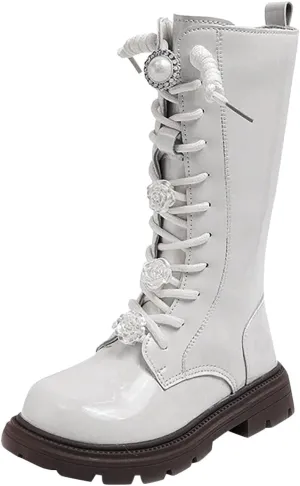 Girls Knee Length Boots Side Zipper Combat Riding Boots Lace-Up Chunky Low Heel Tall Winter Boots Dress Kids Shoes