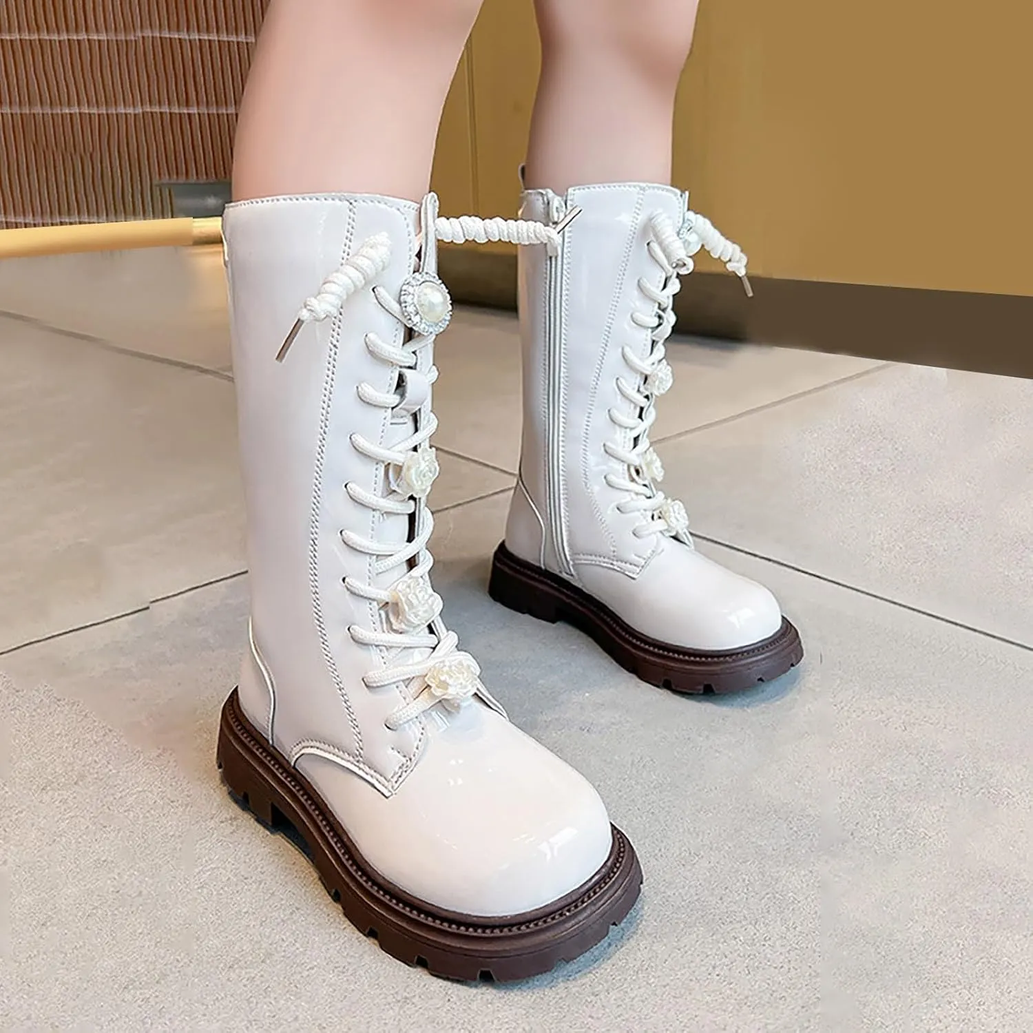 Girls Knee Length Boots Side Zipper Combat Riding Boots Lace-Up Chunky Low Heel Tall Winter Boots Dress Kids Shoes