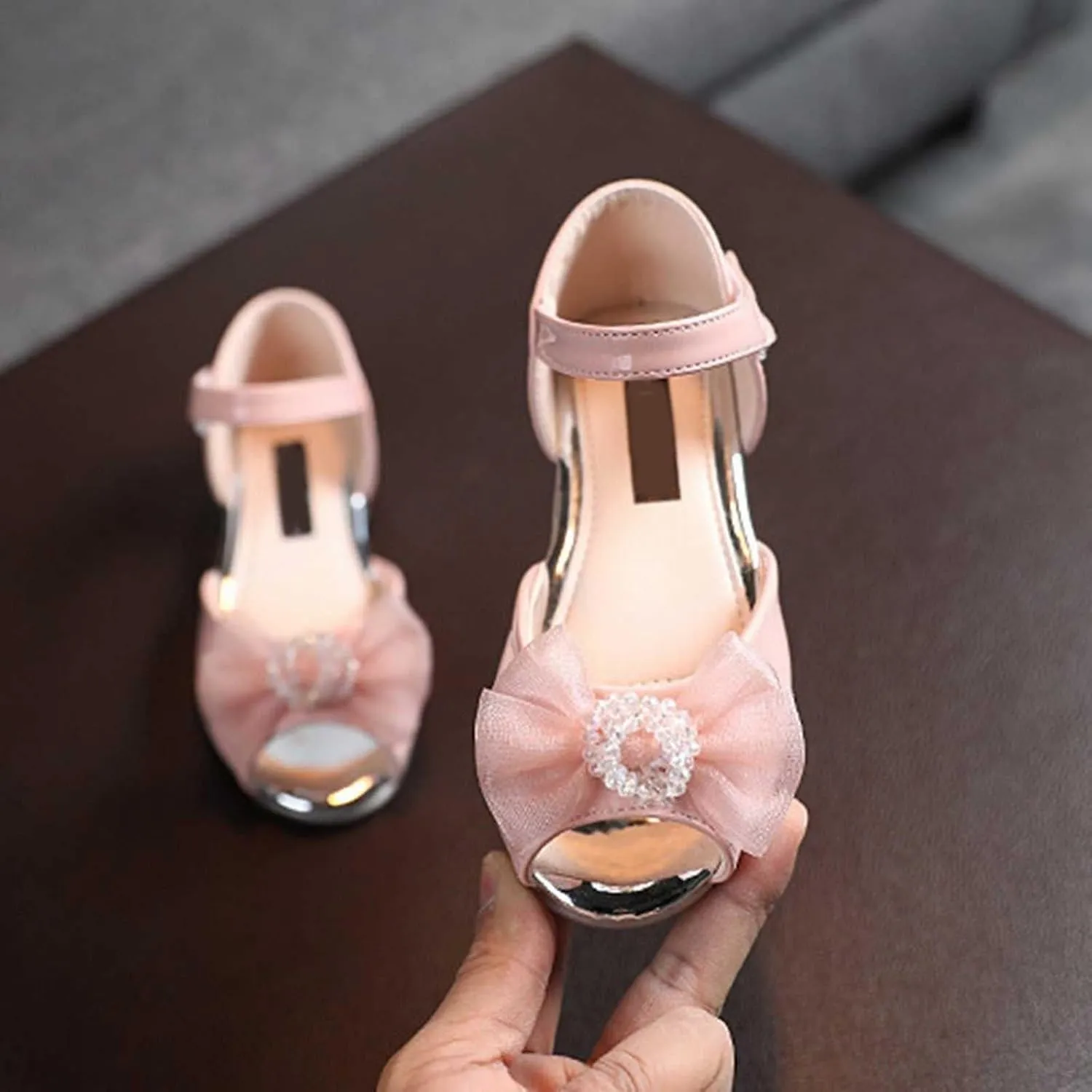 Girls Open Toe Heels Dress Shoes Flower Girl Mary Jane Sandals with Bow Wedding Party Church Shoes for Girls