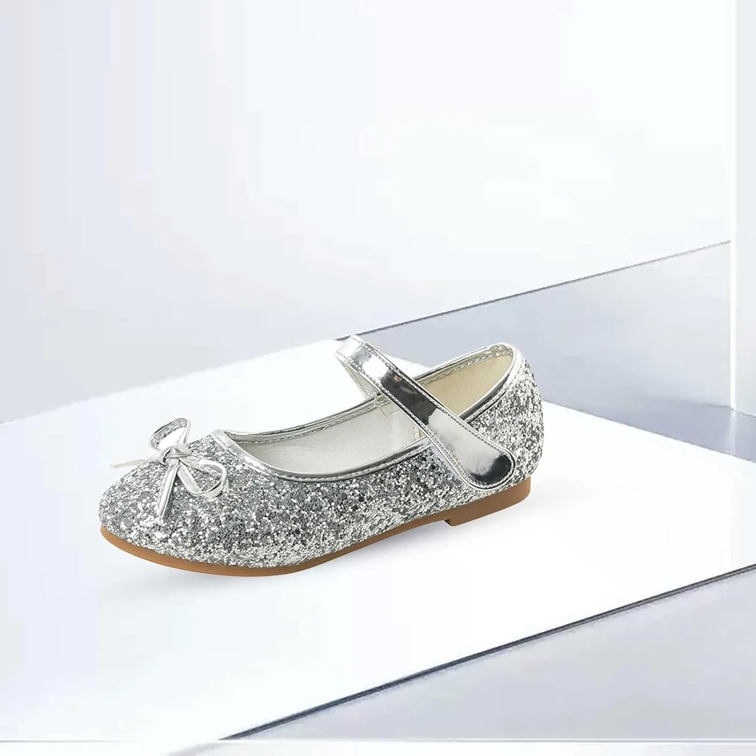 Kids Sparkly Mary Jane Shoes Bowknot Flat Toddler Girls Glitter Princess Dress Shoes Strap Rubber Soles Wedding