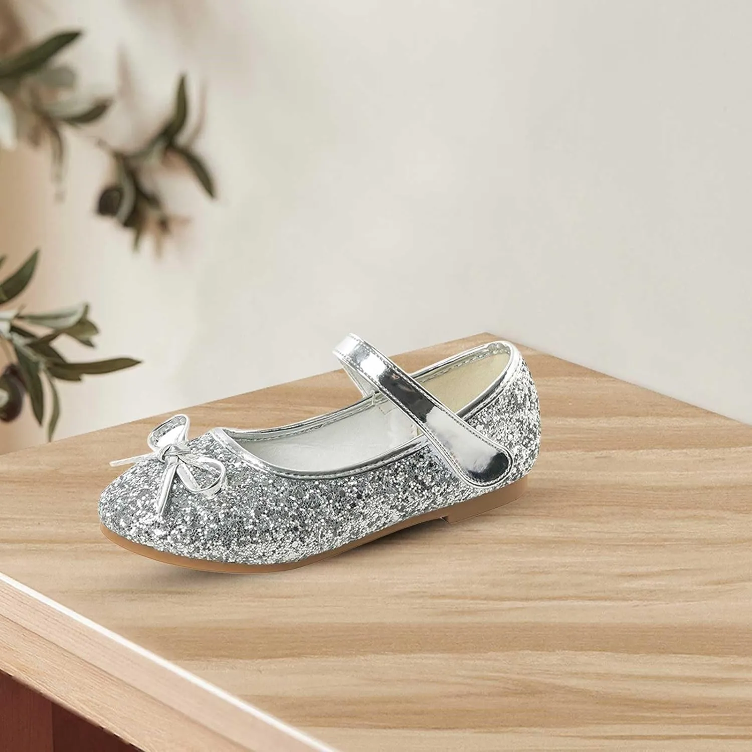 Kids Sparkly Mary Jane Shoes Bowknot Flat Toddler Girls Glitter Princess Dress Shoes Strap Rubber Soles Wedding