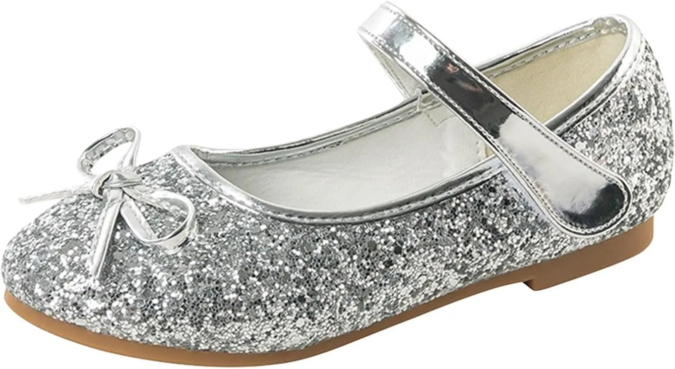 Kids Sparkly Mary Jane Shoes Bowknot Flat Toddler Girls Glitter Princess Dress Shoes Strap Rubber Soles Wedding