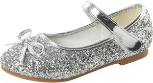 Kids Sparkly Mary Jane Shoes Bowknot Flat Toddler Girls Glitter Princess Dress Shoes Strap Rubber Soles Wedding