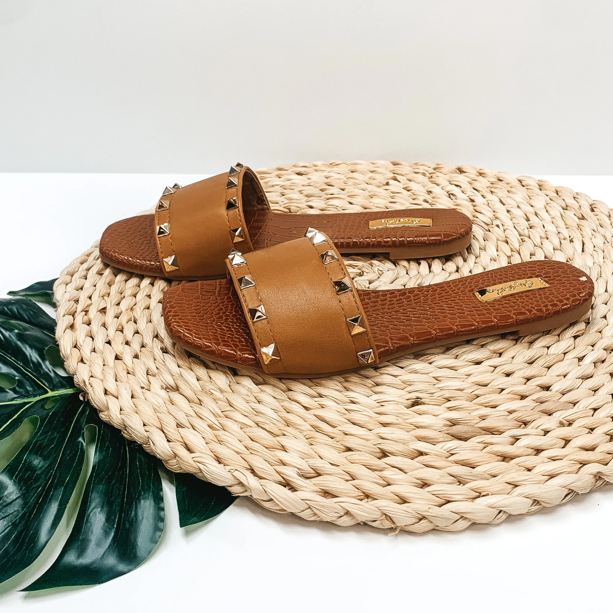Last Chance Size 10 | Chic Steps Gold Studded Slide On Sandals with Croc Print Sole in Tan