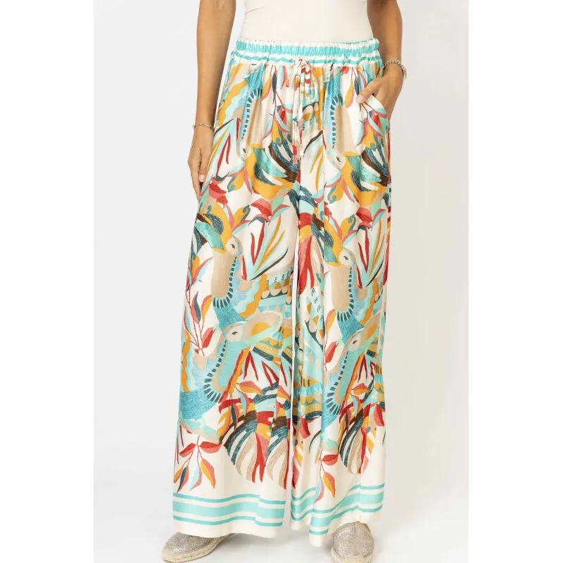 Look Mode Red Toucan Print Wide Leg Pants - Made in Italy