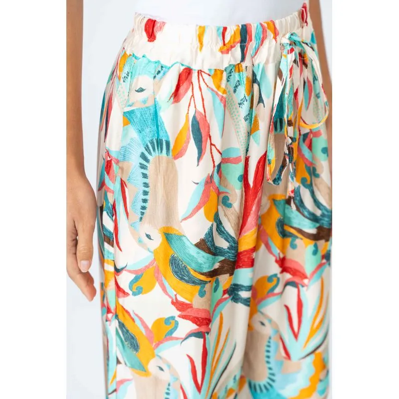 Look Mode Red Toucan Print Wide Leg Pants - Made in Italy