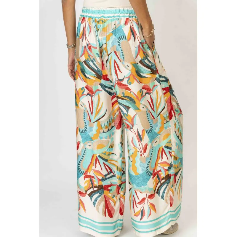 Look Mode Red Toucan Print Wide Leg Pants - Made in Italy