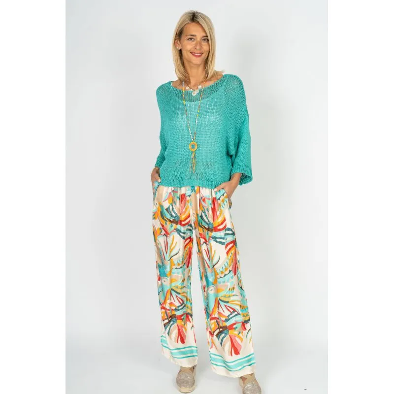 Look Mode Red Toucan Print Wide Leg Pants - Made in Italy