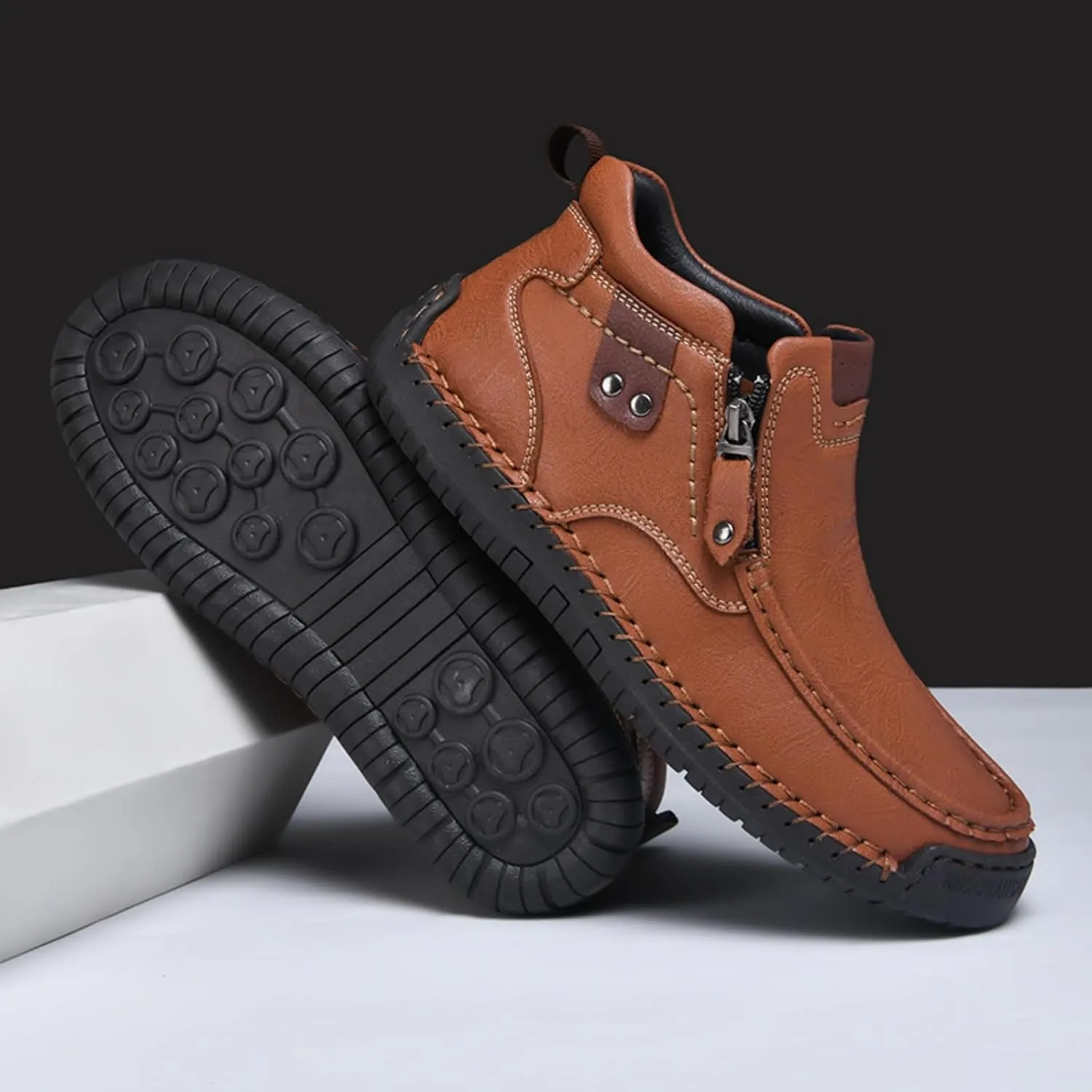 Mens Mid-Top Leather Chukka Ankle Boots with Side Zipper Casual Comfortable Round Toe Non-Slip Flats Loafers for Walking Outdoor Hiking