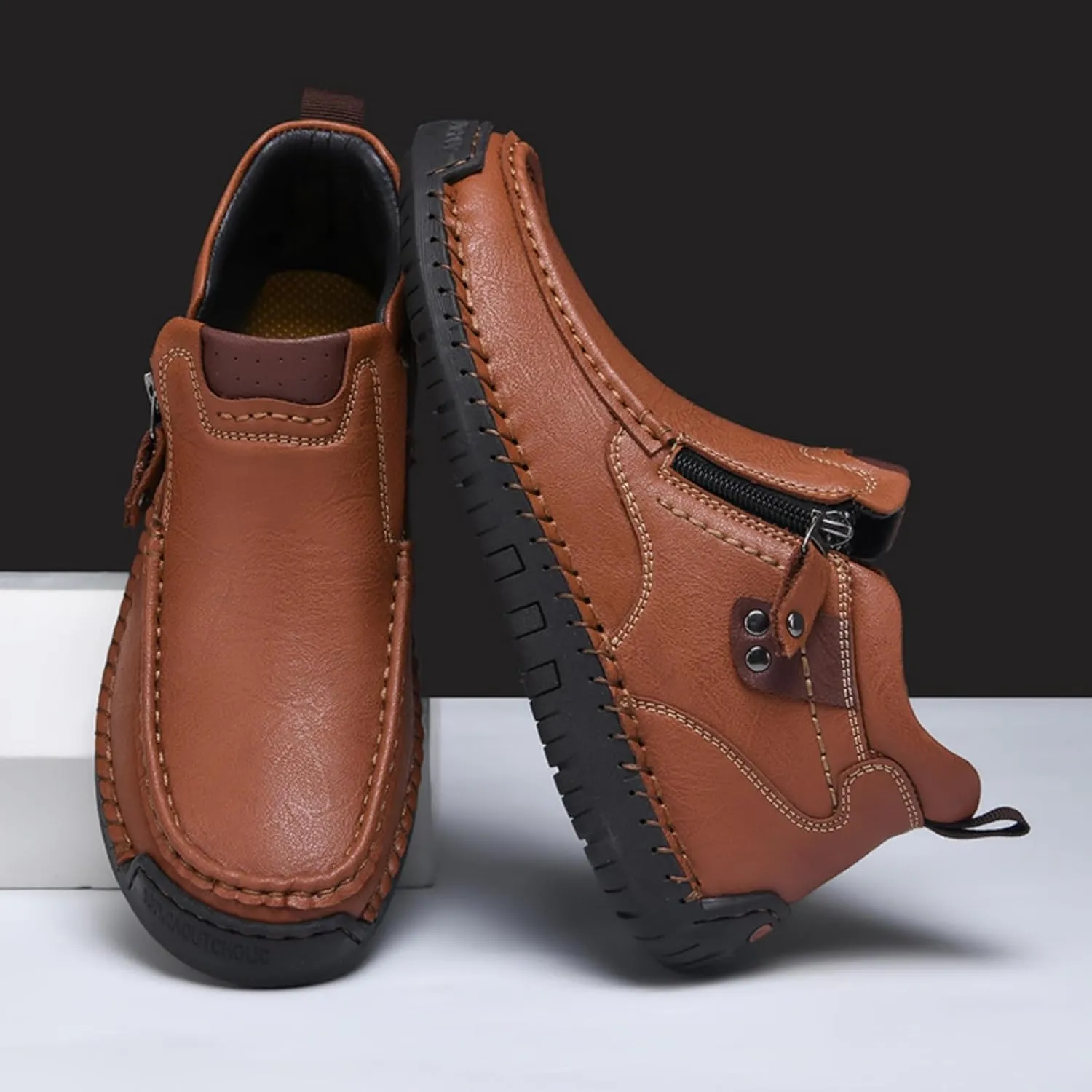 Mens Mid-Top Leather Chukka Ankle Boots with Side Zipper Casual Comfortable Round Toe Non-Slip Flats Loafers for Walking Outdoor Hiking