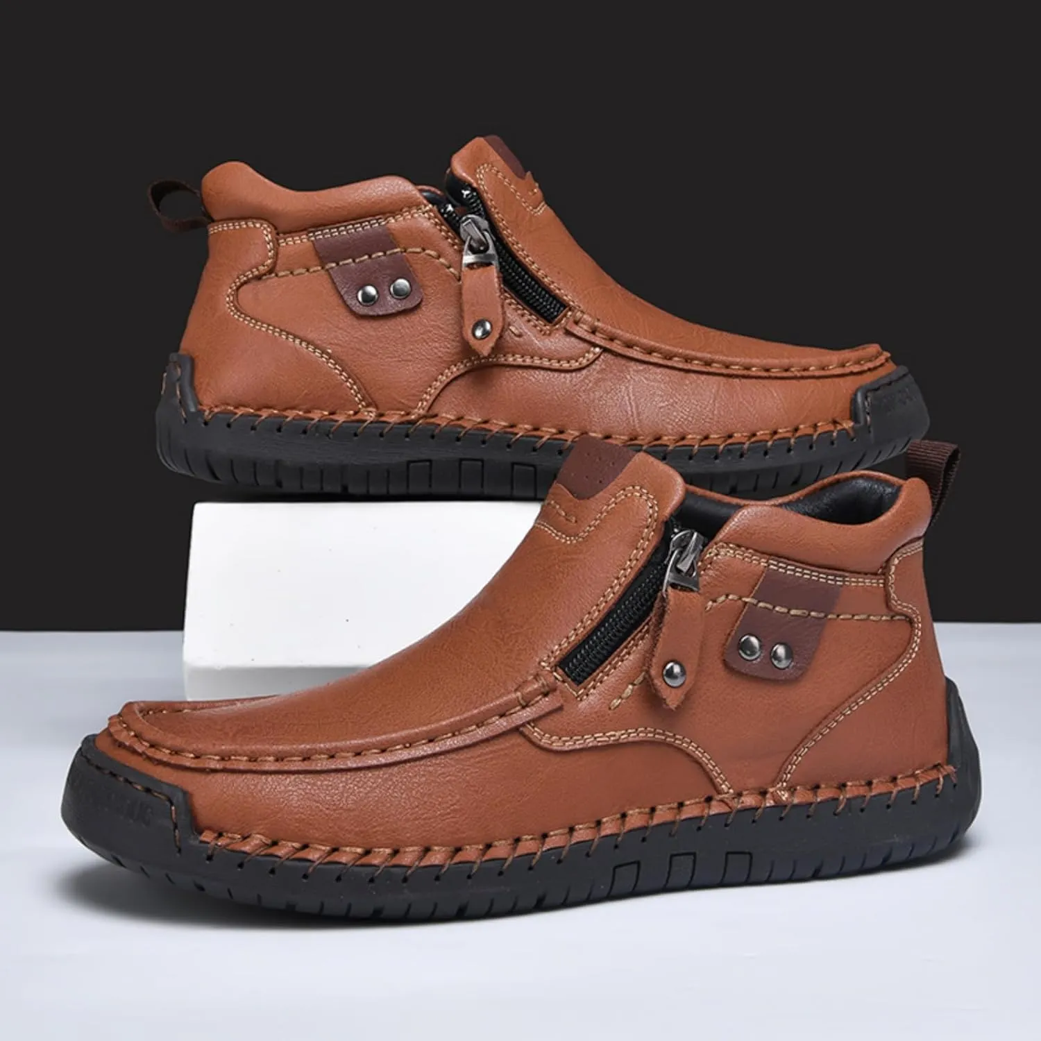Mens Mid-Top Leather Chukka Ankle Boots with Side Zipper Casual Comfortable Round Toe Non-Slip Flats Loafers for Walking Outdoor Hiking