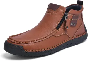 Mens Mid-Top Leather Chukka Ankle Boots with Side Zipper Casual Comfortable Round Toe Non-Slip Flats Loafers for Walking Outdoor Hiking