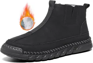Men's Waterproof Leather Chukka Boots for Hiking Camping & Driving Fashion Warm Fur Lined Hand Stitched Round Toe Side Zipper Ankle Boots Comfort Casual Outdoor Walking Sneakers