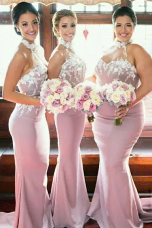 Mermaid High Neck Sweep Train Pink Satin Bridesmaid Dress with Appliques AHC631