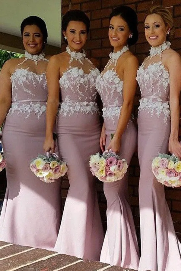 Mermaid High Neck Sweep Train Pink Satin Bridesmaid Dress with Appliques AHC631