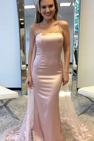 Mermaid Spaghetti Straps Sweep Train Pearl Pink Prom Dress with Appliques Beading LR188