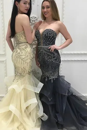 Mermaid Sweetheart Sweep Train Champagne Tulle Prom Dress with Beading Ruffles LR107
