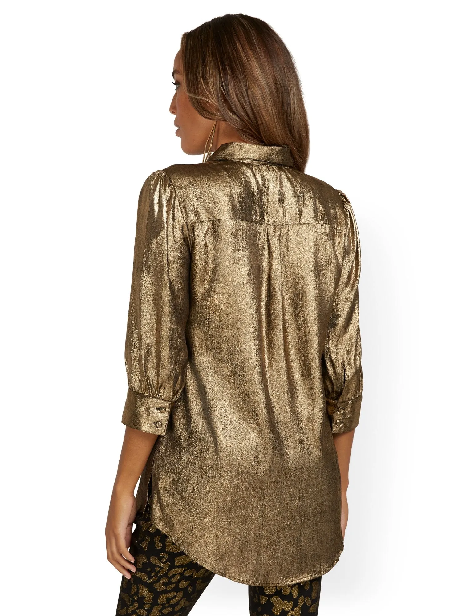 Metallic Button-Down Tunic Shirt