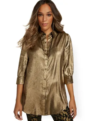 Metallic Button-Down Tunic Shirt