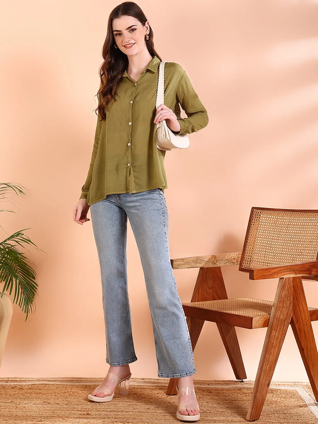 Olive Green Tie-Dye Crepe Loose Fit Shirt